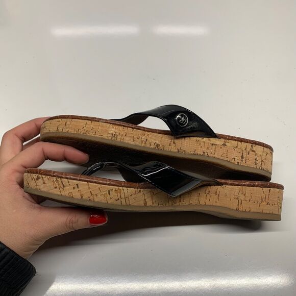 Sam Edelman Tanya Cork Wedge Sandals Women Size 6.5 Black Brown Thong Flip Flops - Picture 3 of 11